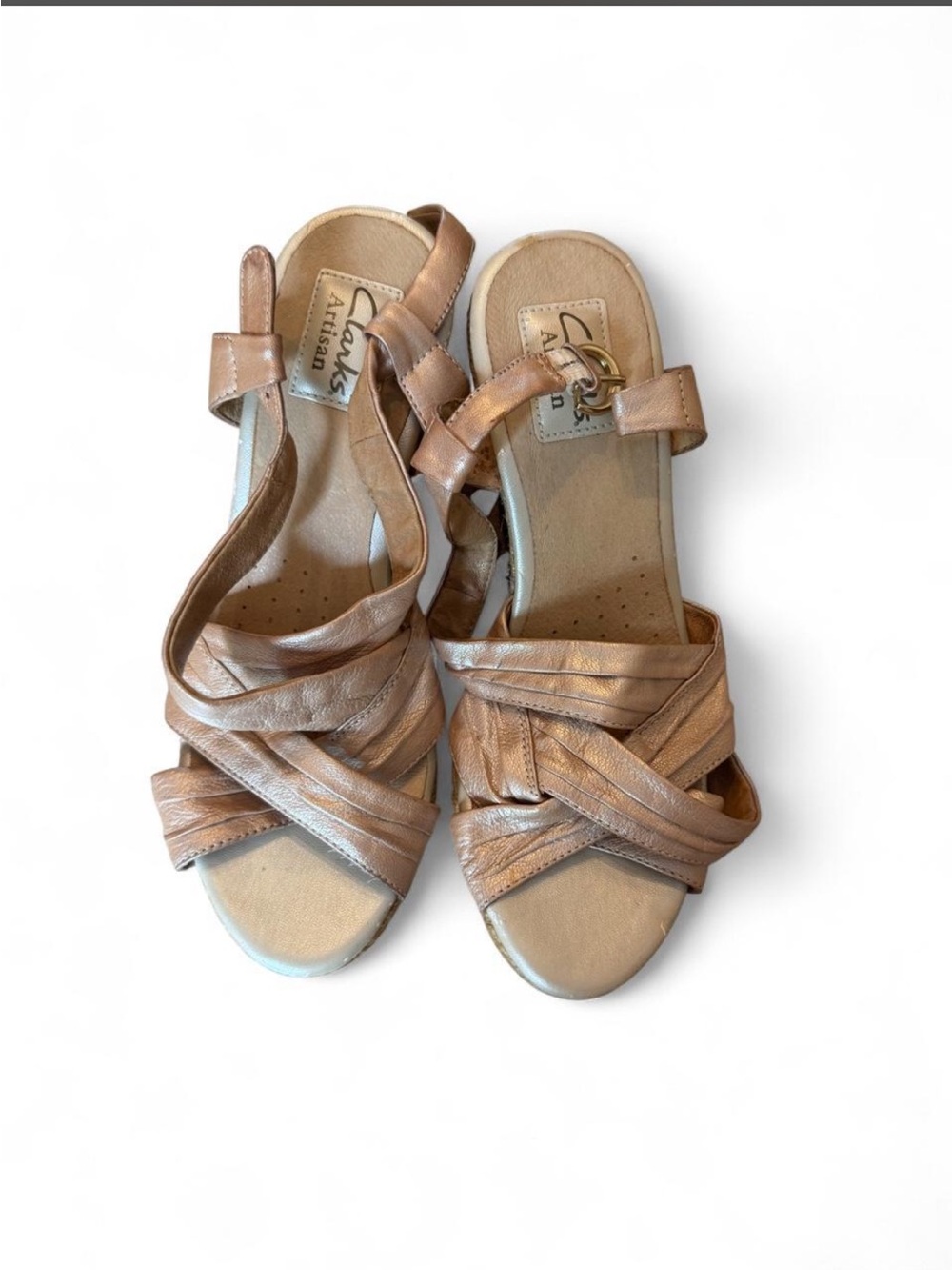 Clark’s Artisan Rose Gold Leather Cross-Strap Slingback Wedges Sandals